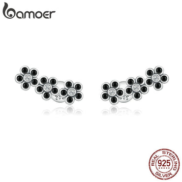 bamoer Sterling Silver 925 Jewelry Black CZ Daisy Flower Long Stud Earrings for Women Fine Jewelry  Brincos Brincos BSE400