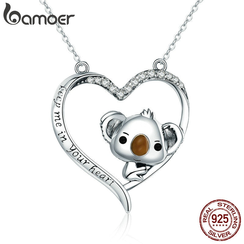 BAMOER High Quality Real 925 Sterling Silver Lovely Koala in Heart Pendant Necklaces for Women Sterling Silver Jewelry SCN256