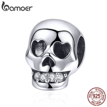 BAMOER 925 Sterling Silver Christmas Gift Skull Head Beads Charm fit Charm Bracelet Halloween Jewelry Making Accessories DIY