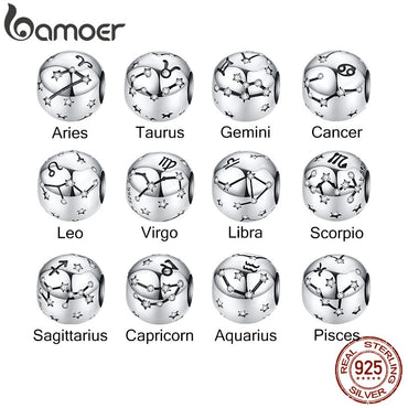 BAMOER 12 Constellation Zodiac Round Metal Beads for Women Bracelet Shining CZ Charm fit Original Silver 925 Bangle SCC1218