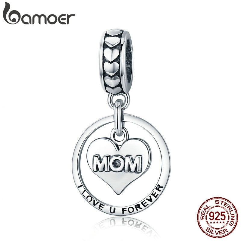 BAMOER 925 Sterling Silver I Love u Forever Mom Mother Engrave Beads fit Charm Bracelets & Bangles Jewelry Mother Gift SCC649