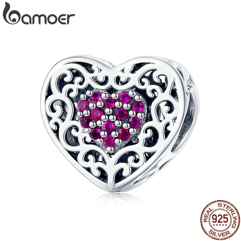 BAMOER Original 925 Sterling Silver Vintage Heart Shape Love Beads Fit Charms Bracelet Jewelry Mother's Day GIFT SCC1109