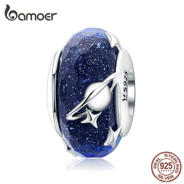 bamoer Nighty Sky Murano Glass Beads for Women 925 Sterling Silver Galaxy Star Charm fit Original Silver Snake Bracelet SCC1284