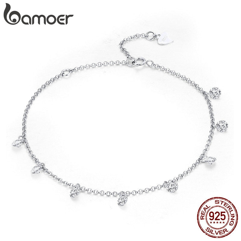 BAMOER 925 Sterling Silver Simple Geometric Crystal CZ Link Chain Bracelets & Bangles for Women Authentic Silver Jewelry SCB103