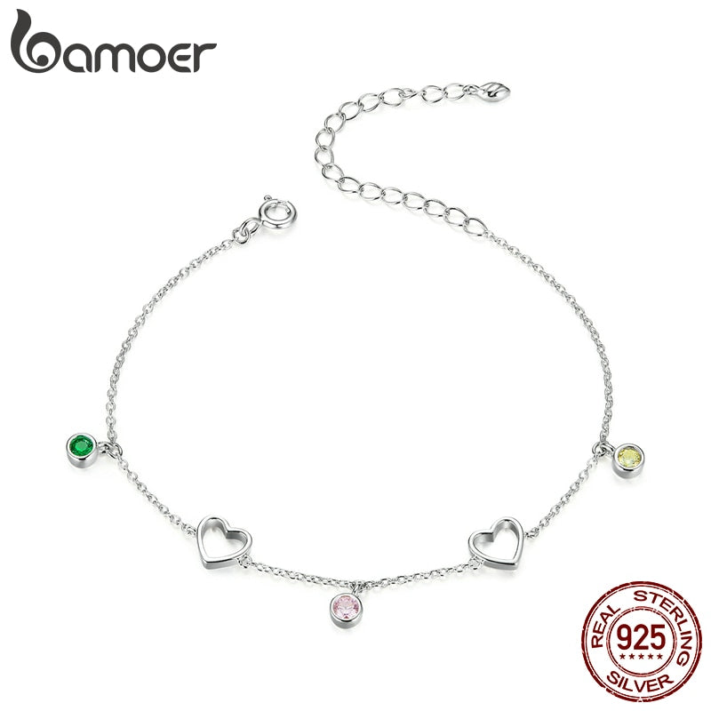 bamoer Sterling Silver 925 Tiny Heart Colorful CZ Bracelets for Women Chain Link 21cm Girl Birthday Gifts Fine Jewelry SCB180