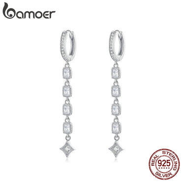 bamoer Geometric Long Dangle Earrings for Women Wedding Engagement Jewelry 925 Sterling Silver Female Luxury Bijoux SCE583
