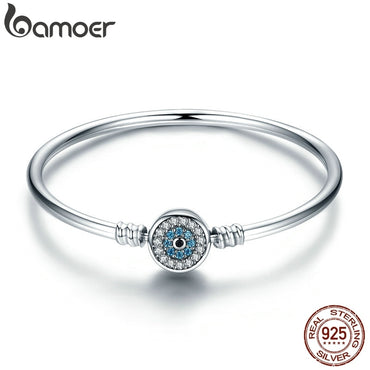 BAMOER High Quality Authentic 925 Sterling Silver Blue Eyes Clear CZ Snake Chain Heart Bangle & Bracelet Luxury Jewelry SCB012