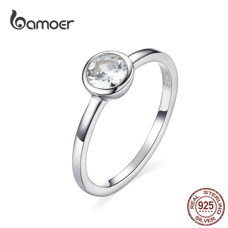 bamoer Basic Clear Zirconia Finger Ring 925 Sterling Silver Minimalist Women Engagement Wedding Band Ring SCR535