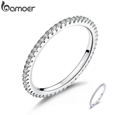 BAMOER Classic 925 Sterling Silver High Quality Circle Clear CZ Geometric Stackable Rings for Women Wedding Jewelry Gift SCR066