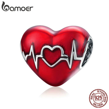 bamoer 925 Sterling Silver Heartbeat of Love Metal Beads Charm fit Original Bracelet for Women Jewelry Accessories SCC1569