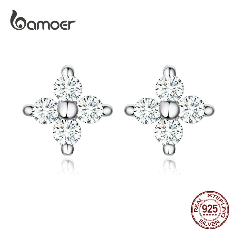 bamoer Tiny Ear Stud for Girl Genuine 925 Sterling Silver Clear CZ Flower Stud Earrings Easy Office Lady Week Jewelry SCE648