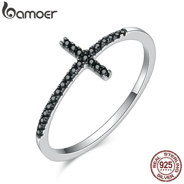 BAMOER Popular 925 Sterling Silver Faith Cross Shape Finger Rings for Women ,Black Clear CZ Sterling Silver Jewelry Gift SCR067