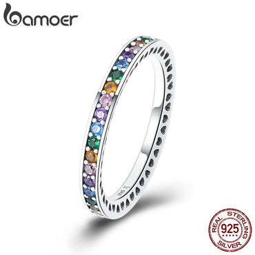 BAMOER Genuine 100% 925 Sterling Silver Colorful CZ Crystal Round Pave Finger Rings Engagement Wedding Jewelry Gift S925 SCR392