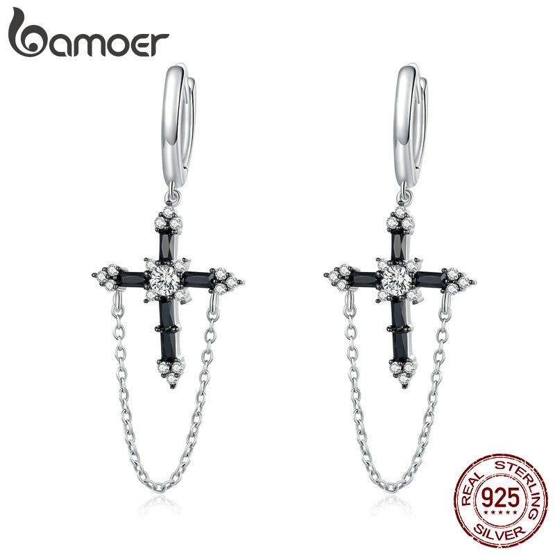 bamoer Black Cross with Chain Dangle Earrings for Women 925 Sterling Silver Byzantine Style Jewelry Black CZ Stone BSE402