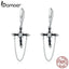 bamoer Black Cross with Chain Dangle Earrings for Women 925 Sterling Silver Byzantine Style Jewelry Black CZ Stone BSE402