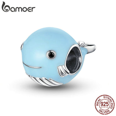 bamoer Real 925 Sterling Silver Blue Enamel Whale Beads Protect Ocean Animal Metal Charm fit Original Silver Bracelet BSC250