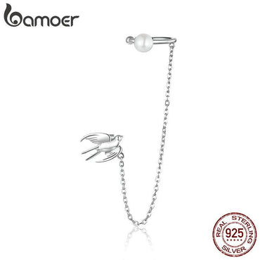1 Piece bamoer 925 Sterling Silver Flying Swallow Ear Clip with Chain Earrings for Women Party Girl Elegant Jewelry BSE411 - BAGREER