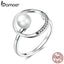 bamoer Genuine 925 Sterling Silver Gentle Shell Bead Ring Open Adjustable Finger Rings for Women Wedding Jewelry SCR664