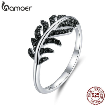 bamoer Genuine 925 Sterling Silver Retro Feather Finger Rings for Women Wedding Band Engagement Statement Jewelry Anel BSR131