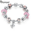 BAMOER Silver Plated Charm Bracelet with Heart Pendant & Cherry Blossom Charm Pink Murano Glass Beads Friendship Bracelet PA1459