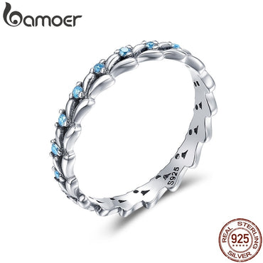 BAMOER Real 100% 925 Sterling Silver Stackable Ring Wheat Wave & Clear CZ Finger Rings for Women Sterling Silver Jewelry SCR162