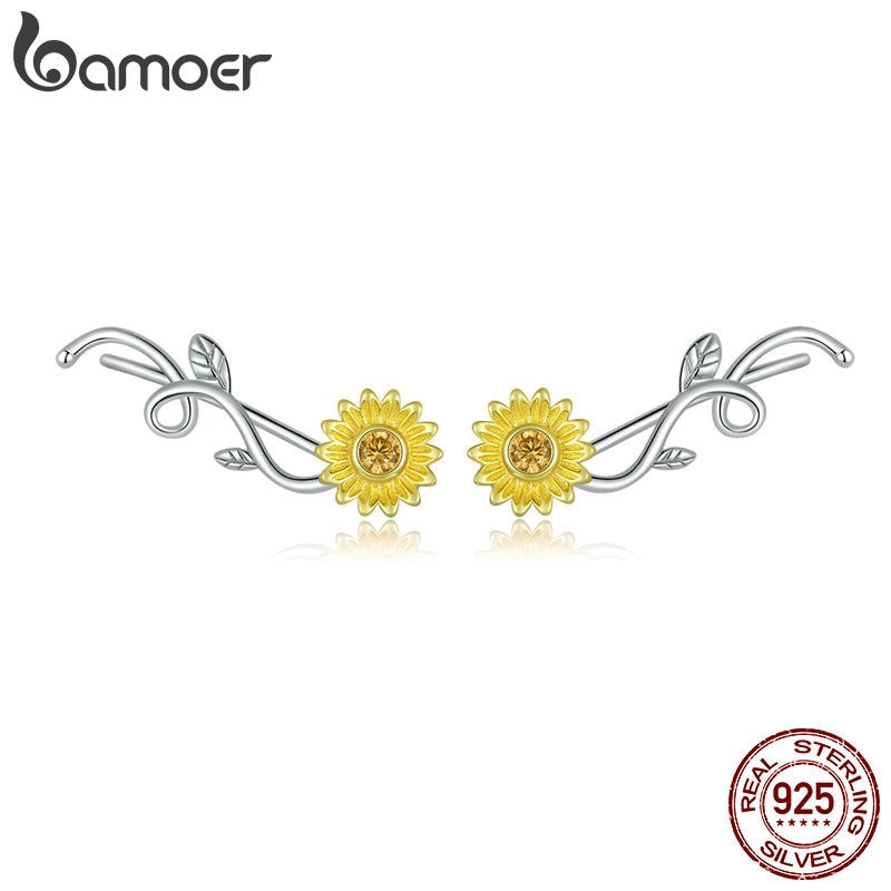 bamoer Gold Color Sunflower Long Stud Earrings for Women 925 Sterling Silver Daisy Flower Branch Series Jewelry 2020 BSE394