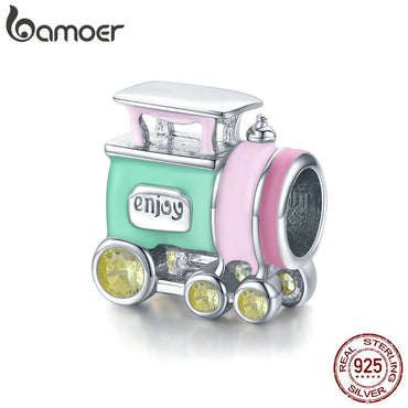 bamoer Sterling Silver 925 Colorful Train Enamel Beads for Women Jewelry Making Charm fit Original Bracelet DIY Bijoux BSC289