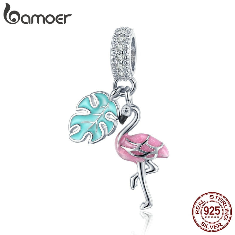 bamoer 2020 Summer New Pink Enamel Flamingo Pendant Charms for 3mm Snake Bracelet or Necklace 925 Sterling Silver Bijoux BSC277