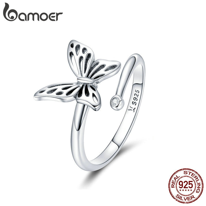 BAMOER Authentic 925 Sterling Silver Vintage Butterfly Adjustable Finger Rings for Women Wedding Engagement Ring Jewelry SCR448