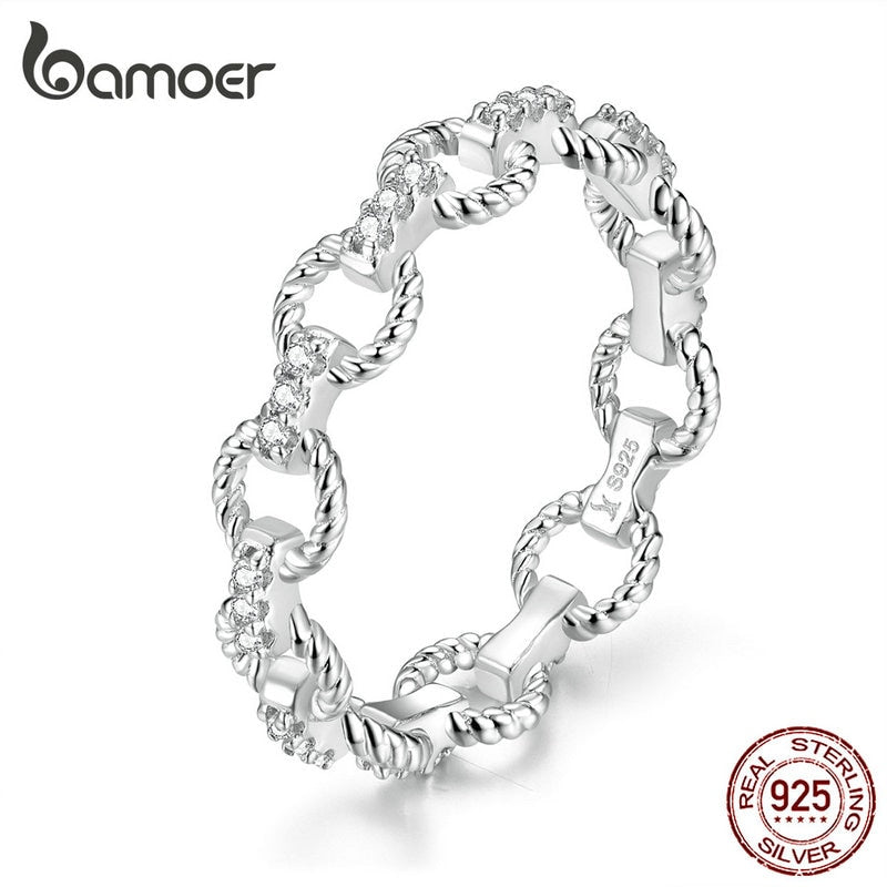bamoer Geometric Simple Chain Pettern Finger Rings for Women Openwork Stackable Rings 925 Sterling Silver Fashion Jewelry SCR576