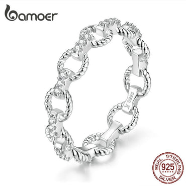 bamoer Geometric Simple Chain Pettern Finger Rings for Women Openwork Stackable Rings 925 Sterling Silver Fashion Jewelry SCR576