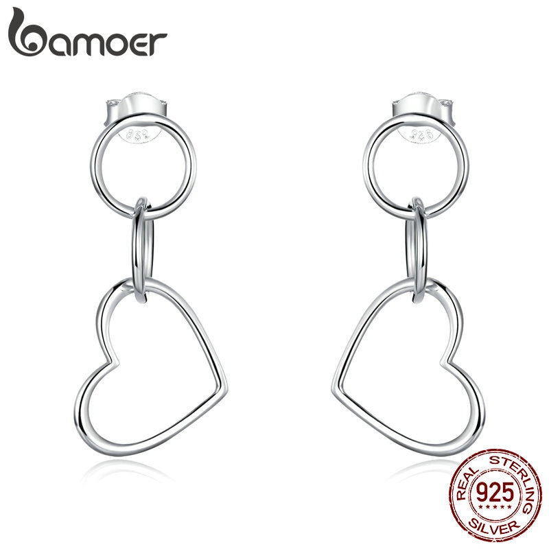 bamoer Authentic 925 Sterling Silver Minimalism Style Heart Drop Earrings for Women Korean Style Fine Jewelry Moda Bijoux SCE916