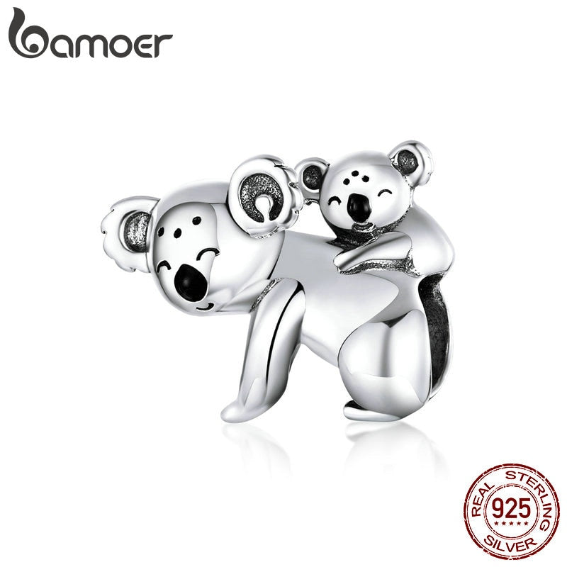 bamoer Koala Baby and Mom Metal Beads for Women Jewelry Making 925 Sterling Silver Australia Protect Animal Silver Charm BSC260