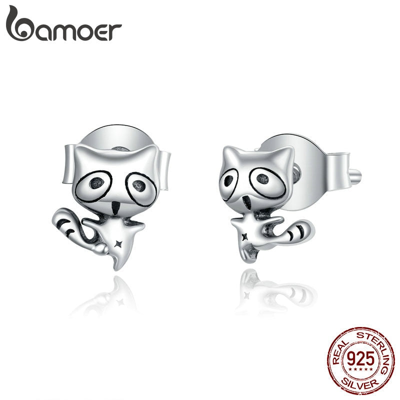 bamoer 925 Sterling Silver Mocking Animal Raccoon Stud Earrings for Women Hypoallergenic Jewelry Gifts for Girl 2020 SCE907