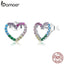 bamoer Pink Heart Stud Earrings for Women 925 Sterling Silver Rainbow Amour Ear Studs Jewelry Birthday Gifts SCE891