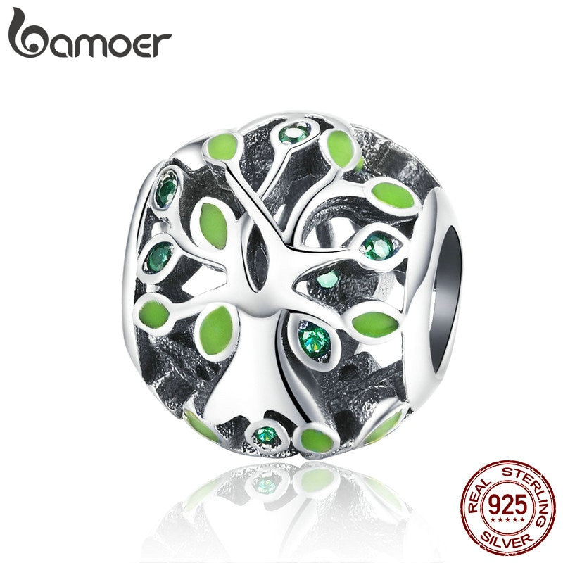 BAMOER Authentic 925 Sterling Silver Family Tree of Life Beads Tree Leaves Charms Fit Charm Bracelets DIY Jewelry SCC994