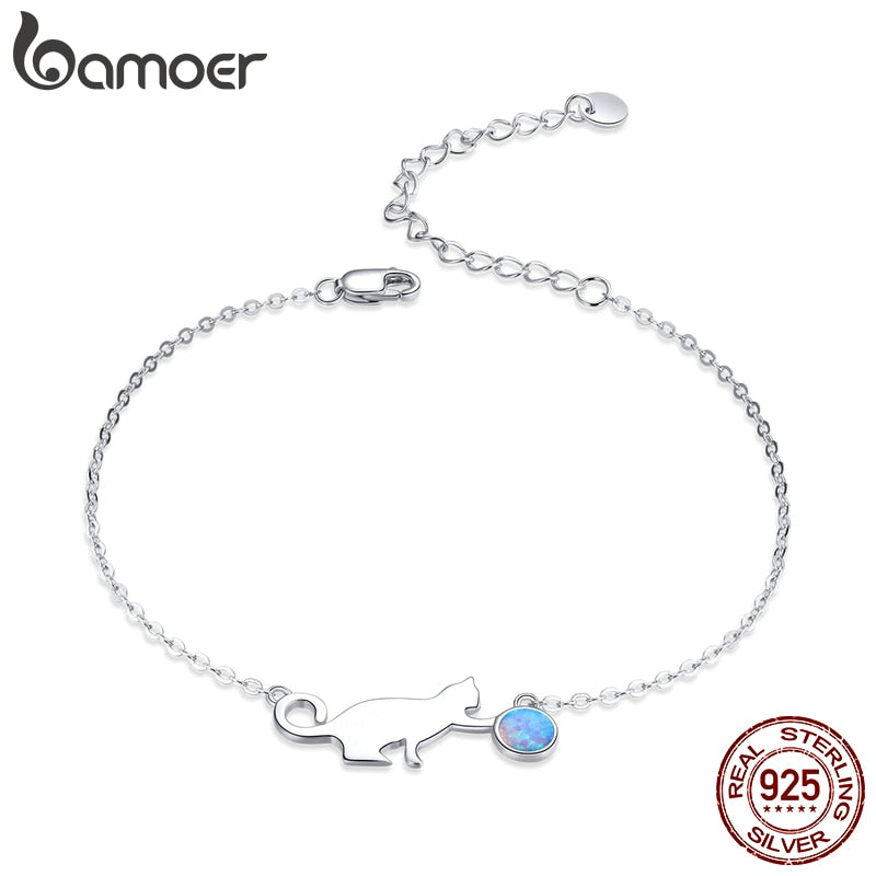 bamoer Authentic 925 Sterling Silver Naughty Pussy Cat Opal Link Bracelet for Women Luxury Fine Jewelry Female Gifts SCB175