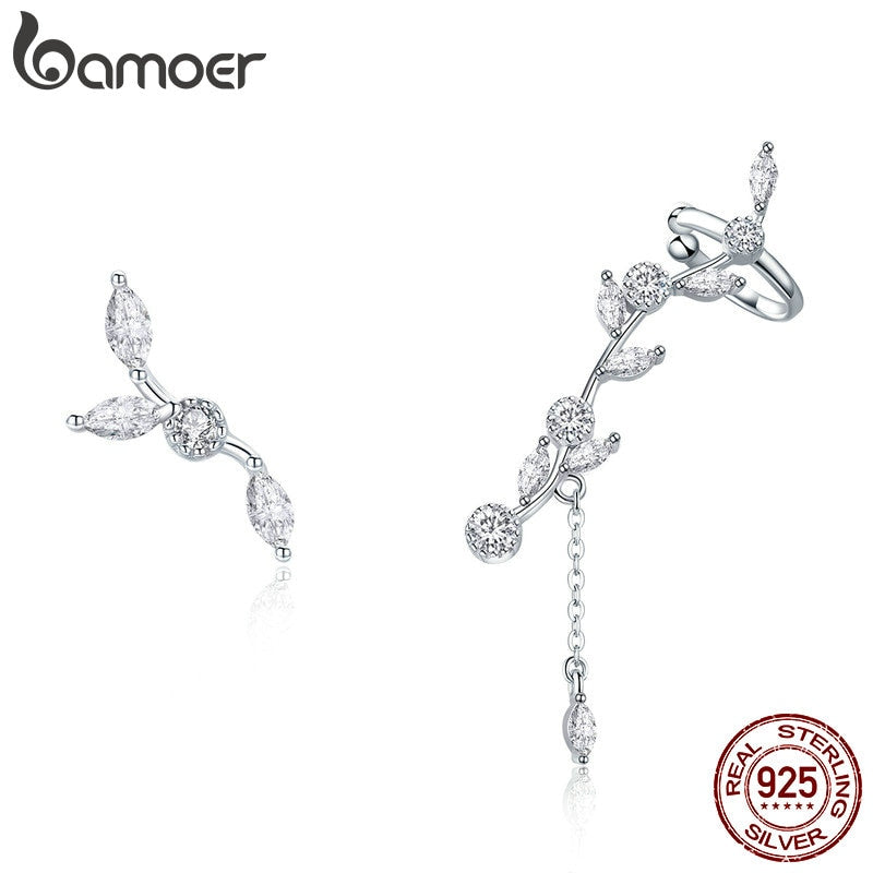 BAMOER Genuine 925 Sterling Silver Plum Blossoming Flower Branch Stud Earrings for Women Clear CZ Silver Jewelry SCE429