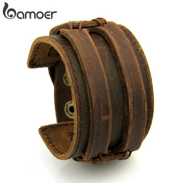 BAMOER Leather Cuff Double Wide Bracelet Rope Bangles Brown for Men Fashion Man Bracelet Unisex Jewelry Gift PI0296