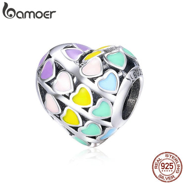 BAMOER Romantic 925 Sterling Silver Rainbow Heart Color Enamel Charms Beads fit Original Bracelets DIY Jewelry Making SCC902