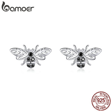 bamoer 100% 925 Sterling Silver Stud Earrings for Women Retro Design Bees Ear Pins Punk Style Silver 925 Fashion Jewelry SCE846