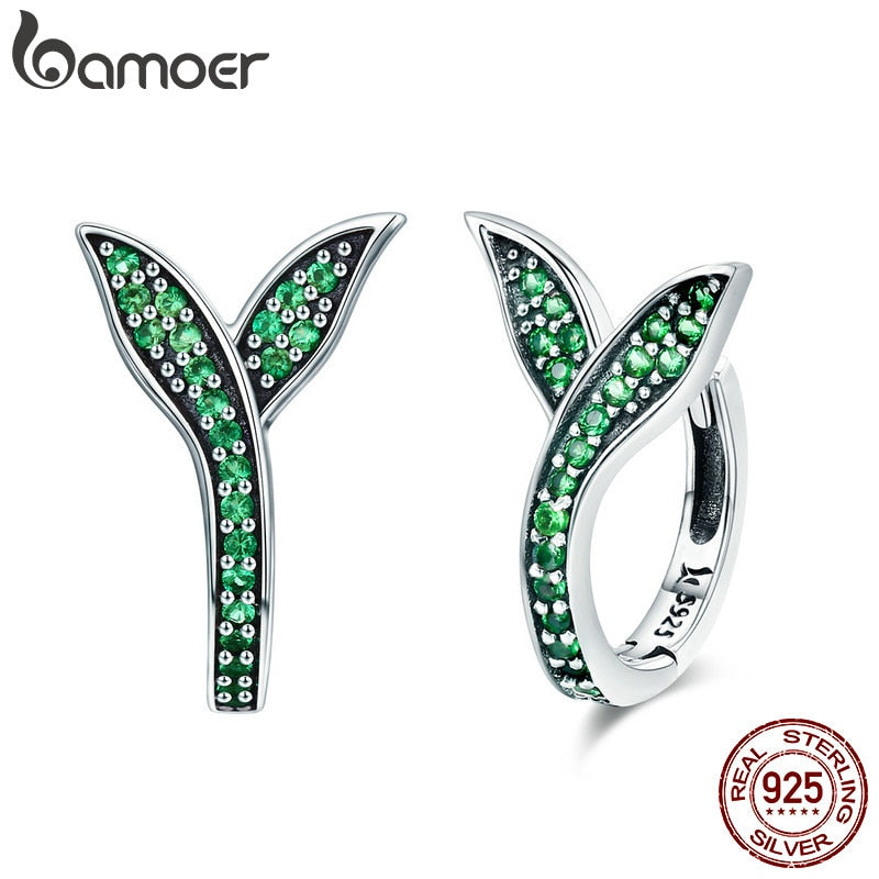 BAMOER 100% 925 Sterling Silver Spring Collection Flower Buds Green CZ Hoop Earrings for Women Sterling Silver Jewelry SCE295