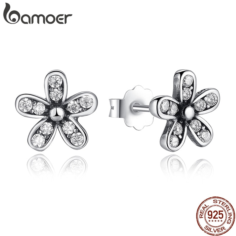 BAMOER Authentic 925 Sterling Silver Dazzling Daisy Stud Earrings With Clear CZ Jewelry ANNIVERSARY SALE 2018 PAS403