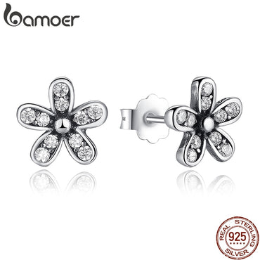 BAMOER Authentic 925 Sterling Silver Dazzling Daisy Stud Earrings With Clear CZ Jewelry ANNIVERSARY SALE 2018 PAS403