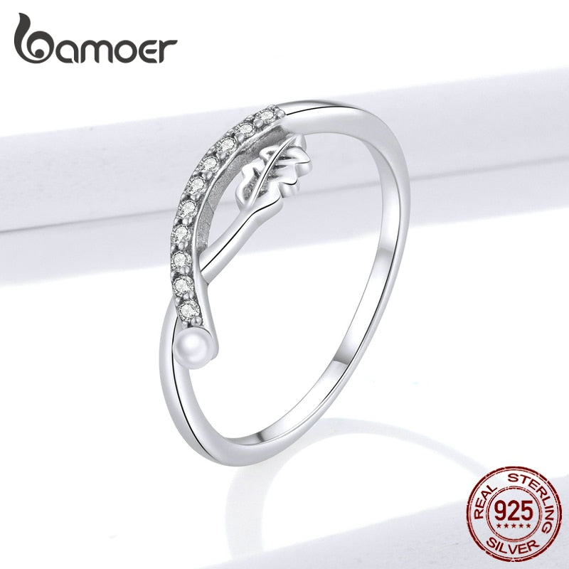 BAMOER 925 Sterling Silver Vintage Leaf Elegance, Clear CZ Flower Finger Rings for Women Fine Jewelry New 2020 BSR111