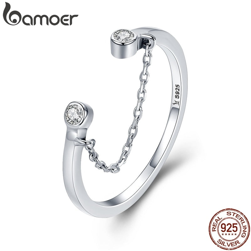 BAMOER 100% Real 925 Sterling Silver Tassel Adjustable Clear CZ Finger Ring Women Ring Sterling Silver Ring Jewelry SCR216
