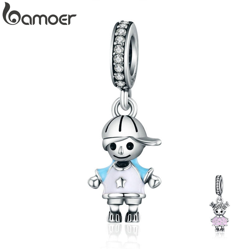 bamoer New 100% 925 Sterling Silver Couple Little Girl & Boy Pendant Charm fit Girls Charm Bracelet DIY Jewelry SCC544