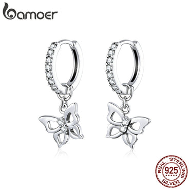 bamoer Dazzling Butterfly Hoop Earrings for Women 925 Sterling Silver Engagemet Wedding Statement Jewelry Pendientes SCE833