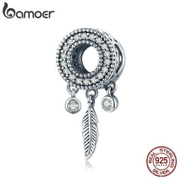 bamoer Boho Style Feather Charm 925 Sterling Silver Dream Catcher Charms for Original Silver Bracelet or Necklace SCC1550