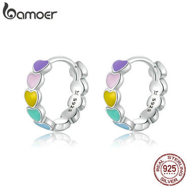 bamoer Genuine 925 Sterling Silver Rainbow Color Enamel Heart Hoop Earrings for Women 2020 New Ear Hoops Female Jewelry SCE909